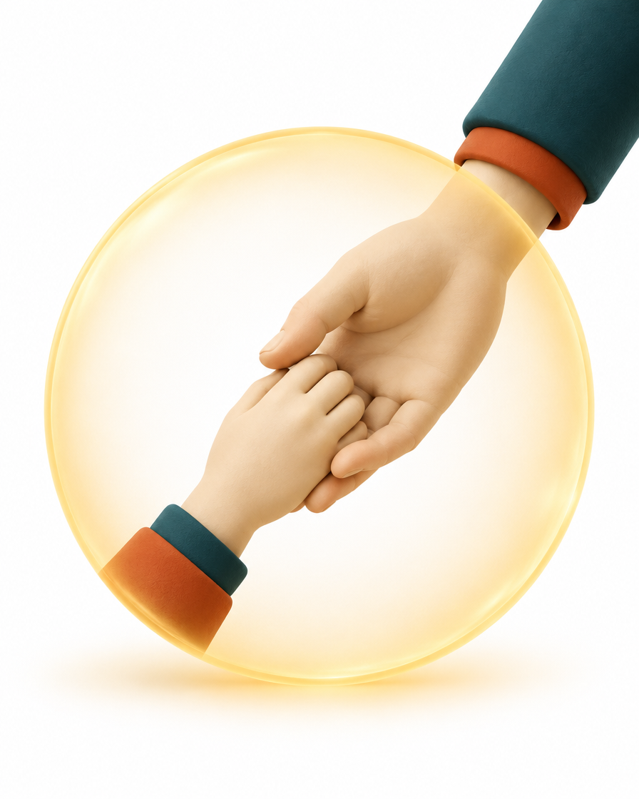 Una mano che sostiene una mano più piccola, protetta da una luce calda.